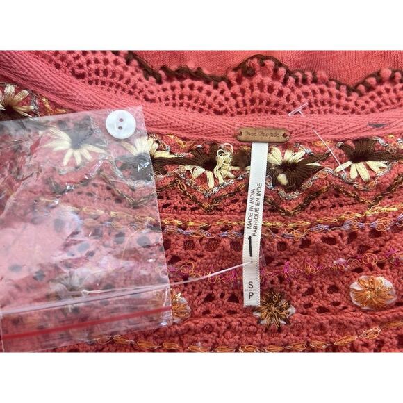 FREE‎ PEOPLE Siesta Fiesta Embroidered Boho Top oversized S/P coral red - Picture 6 of 6
